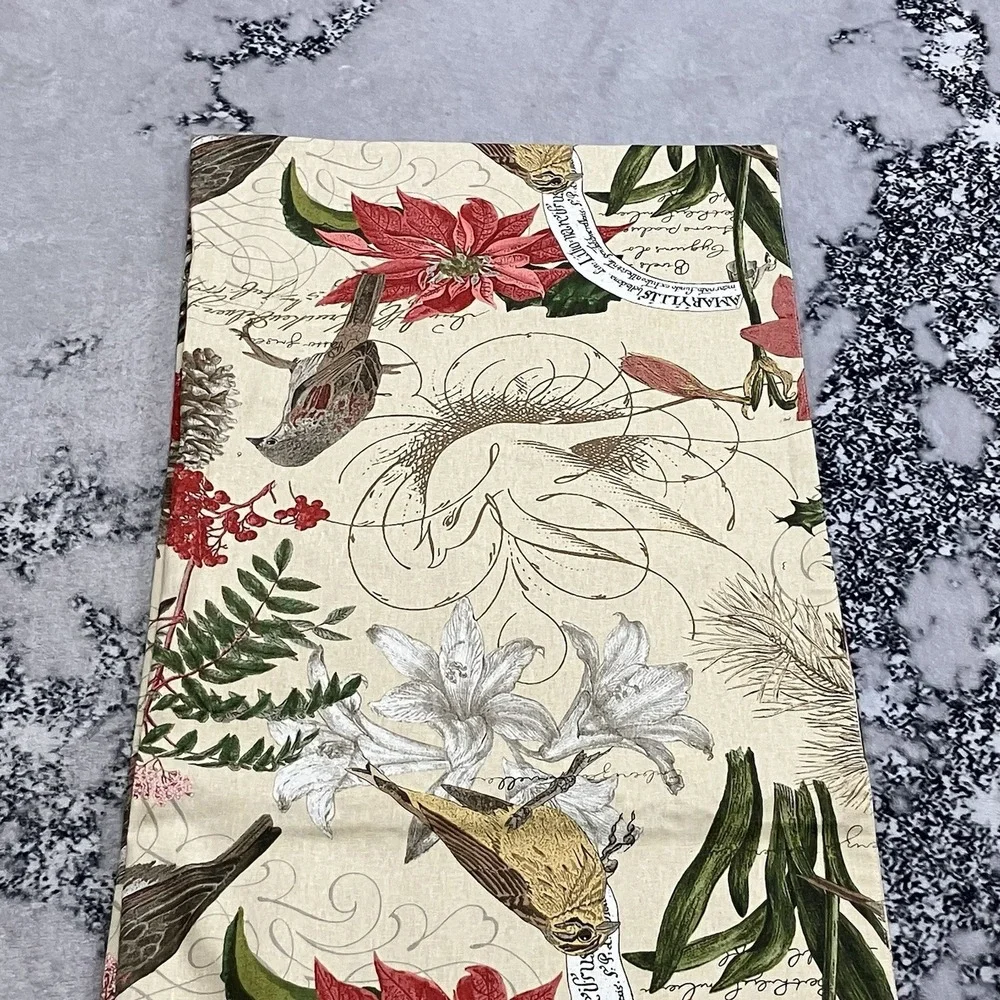 Pottery Barn Botanical Bird Table Runner Linen Blend Holiday Christmas 18X90